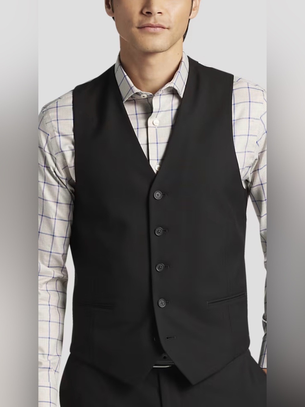 Egara Men's Large Slim Fit Suit Vest Black, 100% Wool, Faux Pockets, 5-Button